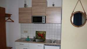 A compact kitchen with wooden cabinets, a microwave, a sink, and a small refrigerator. - Traditional Apartment near Sea in Kühlungsborn (Kuehlungsborn)