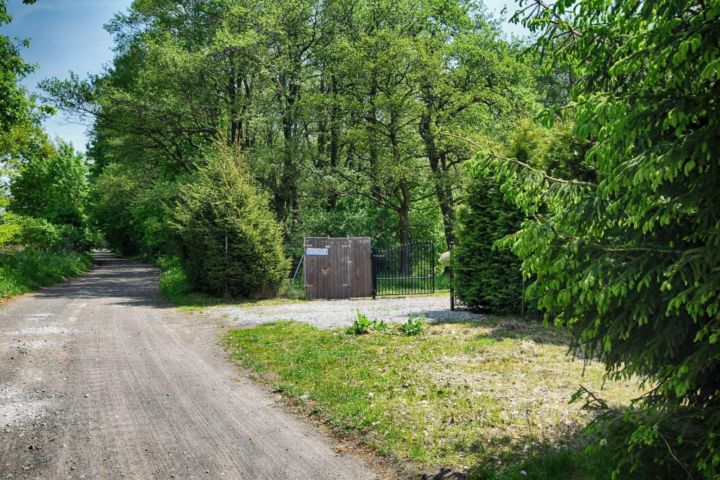 Un chemin de terre mène à une zone délimitée par une clôture, où se trouve une structure en bois, le tout étant entouré d’arbres verdoyants et touffus.