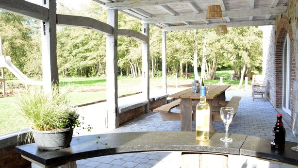 An outdoor patio with a wooden table, a potted plant, and a bottle of wine. - Group Villa With Sauna (Erezee)