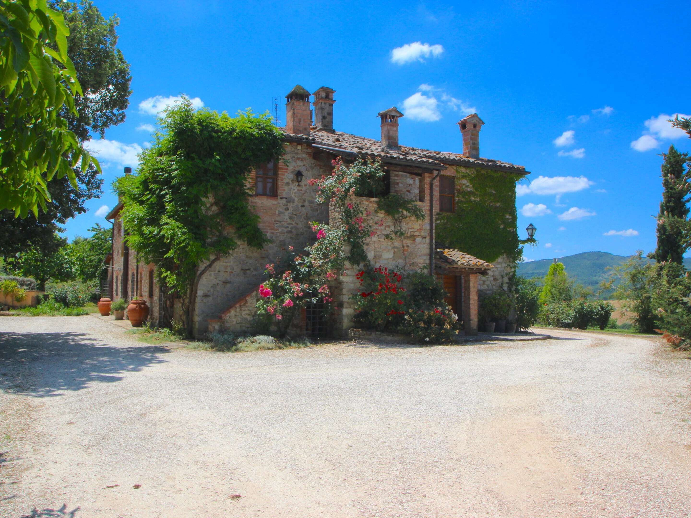 A rustic stone building with a gravel driveway, surrounded by lush greenery and flowering plants.