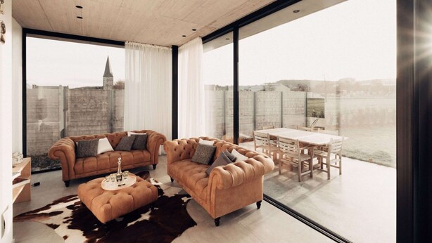 A modern living room with two sofas, a dining table, and a large window offering a city view. - Modern Dalhem Villa With Views (Dalhem)