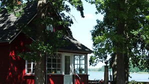 A red wooden cabin with a thatched roof, large windows, and a view of a lake. - Quaint Apartment in Zierow near Sea (Zierow)