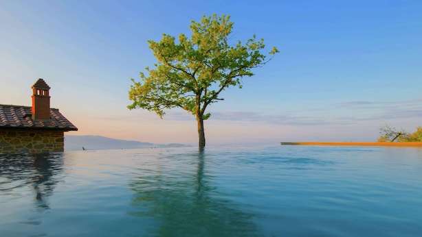 Un arbre se reflétant dans l’eau, avec un bâtiment en pierre et un ciel dégagé.