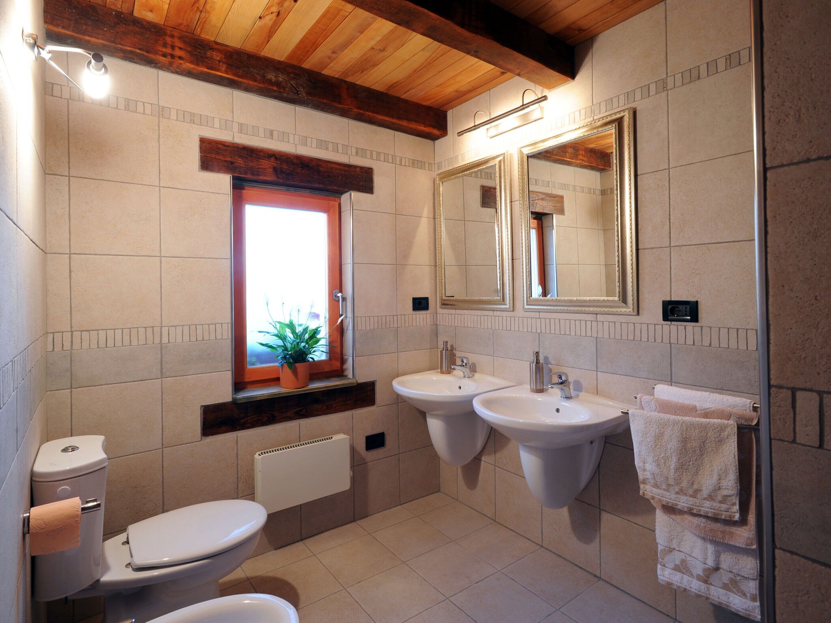 A bathroom with two sinks, a toilet, a window with a plant, and a mirror.