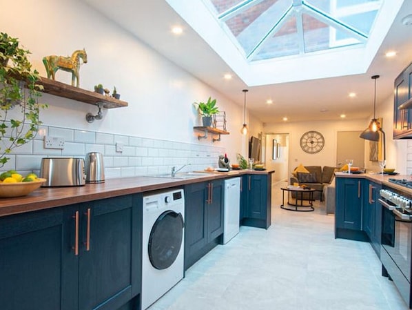Fridge, microwave, electric kettle, toaster