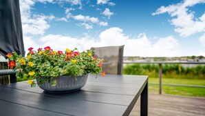 A potted plant with flowers on a wooden table. - Elegant Chalet in Anjum near Lauwersmeer Lake (Anjum)