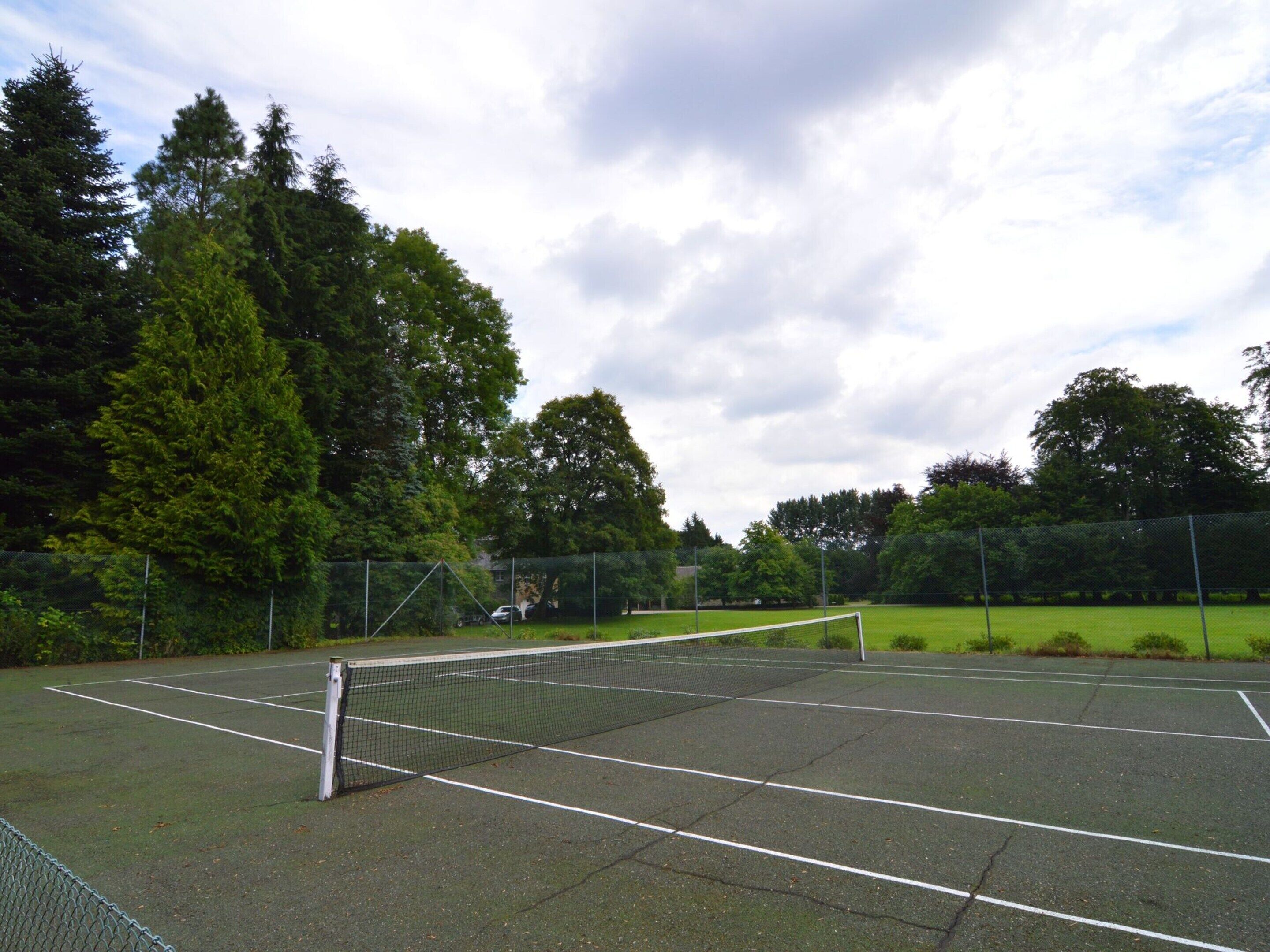 Een tennisbaan met een net, omringd door bomen en een hek.