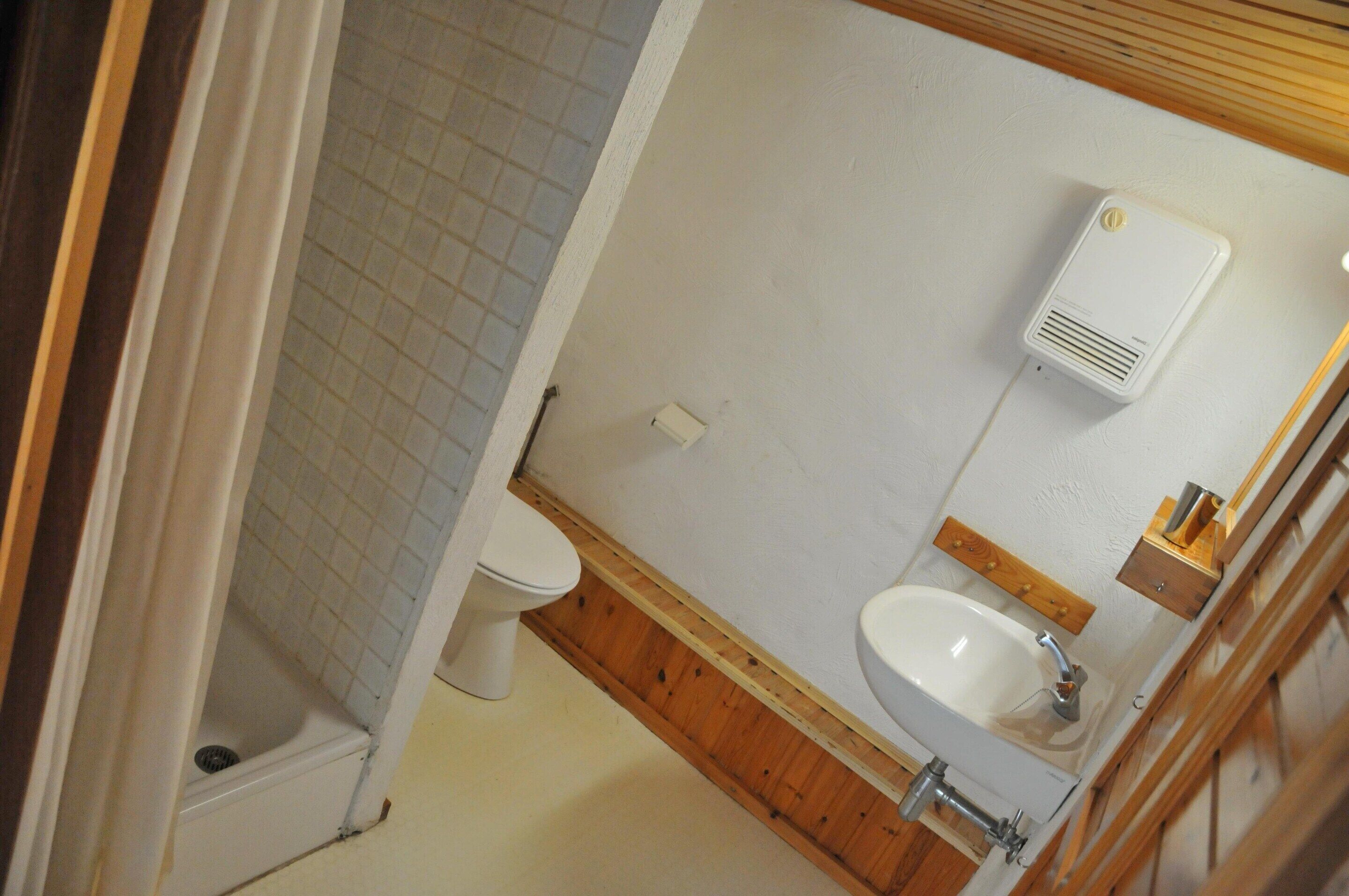 A bathroom with a toilet, a sink, and a shower.