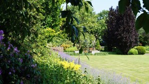 A lush garden with a variety of plants and flowers, a well-maintained lawn, and a stone wall in the background. - Chalet in Belgium Surrounded by Nature (Viroinval)