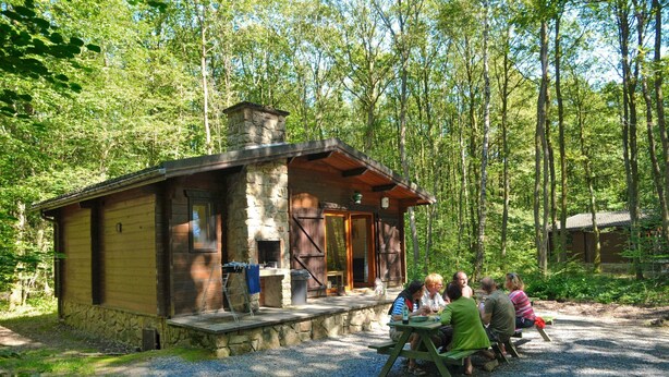 A rustic cabin with a stone foundation and wooden exterior, surrounded by a forest. - Chalet in Belgium Surrounded by Nature (Viroinval)