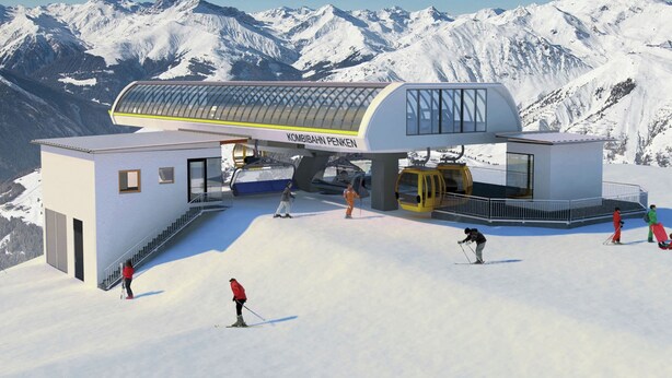Ein modernes Skigebiet mit einer Seilbahn, einem kleinen Gebäude und Skifahrern auf den Pisten.
