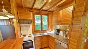 A compact kitchen with wooden cabinets, a stove, a sink, and a dishwasher. - Chalet in Durbuy With Jacuzzi & Garden (Somme-Leuze)