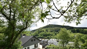 A residential area with houses, a grassy lawn, and a hill in the background. - House in Vielsalm Near Tropical Pool (Vielsalm)