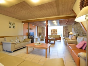 Un salón amplio con techo de madera, televisor y chimenea.