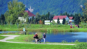 Un campo de golf con un estanque, senderos peatonales y casas al fondo.