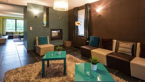 A modern living room with a sofa set, a coffee table, a TV, and a fireplace. - Swanky Holiday Home in Waimes With Indoor Swimming Pool (Waimes)
