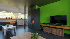 A modern living room with a fireplace, a flat-screen TV, and a green accent wall. - Comfy Home with Sauna Located near Forest (Waimes)