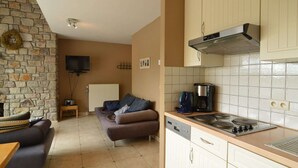 Un espace de vie compact comprenant un mur en pierre, un canapé, un téléviseur, une machine à café et un coin cuisine avec une cuisinière.