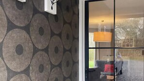 Ein Zimmer mit einem Wandmuster, einer Glastür und sichtbarem Innenraum, einschließlich einer Lampe und Möbeln.