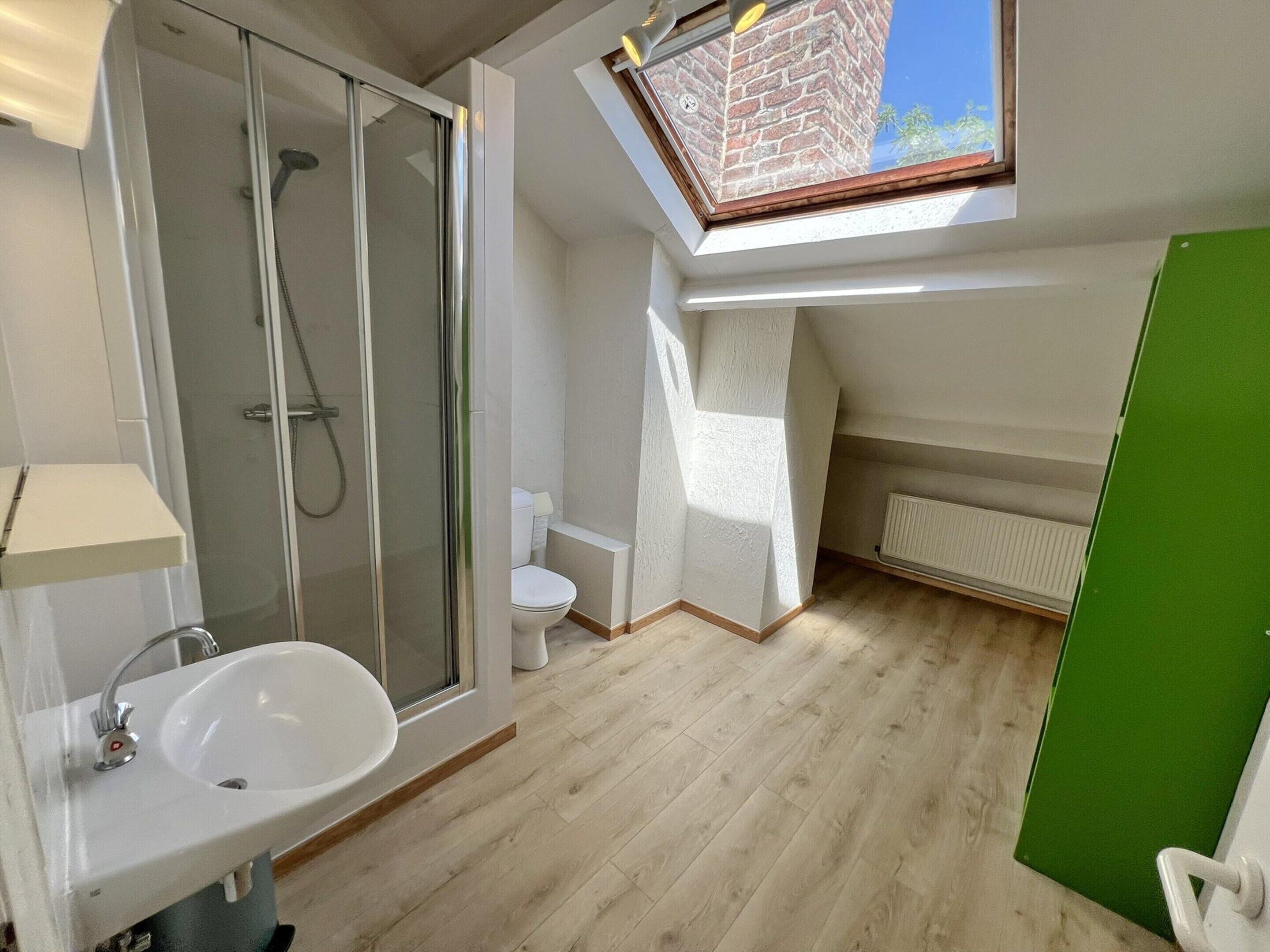 Een moderne badkamer met een douchekabinet van glas, een witte wastafel en een dakraam.