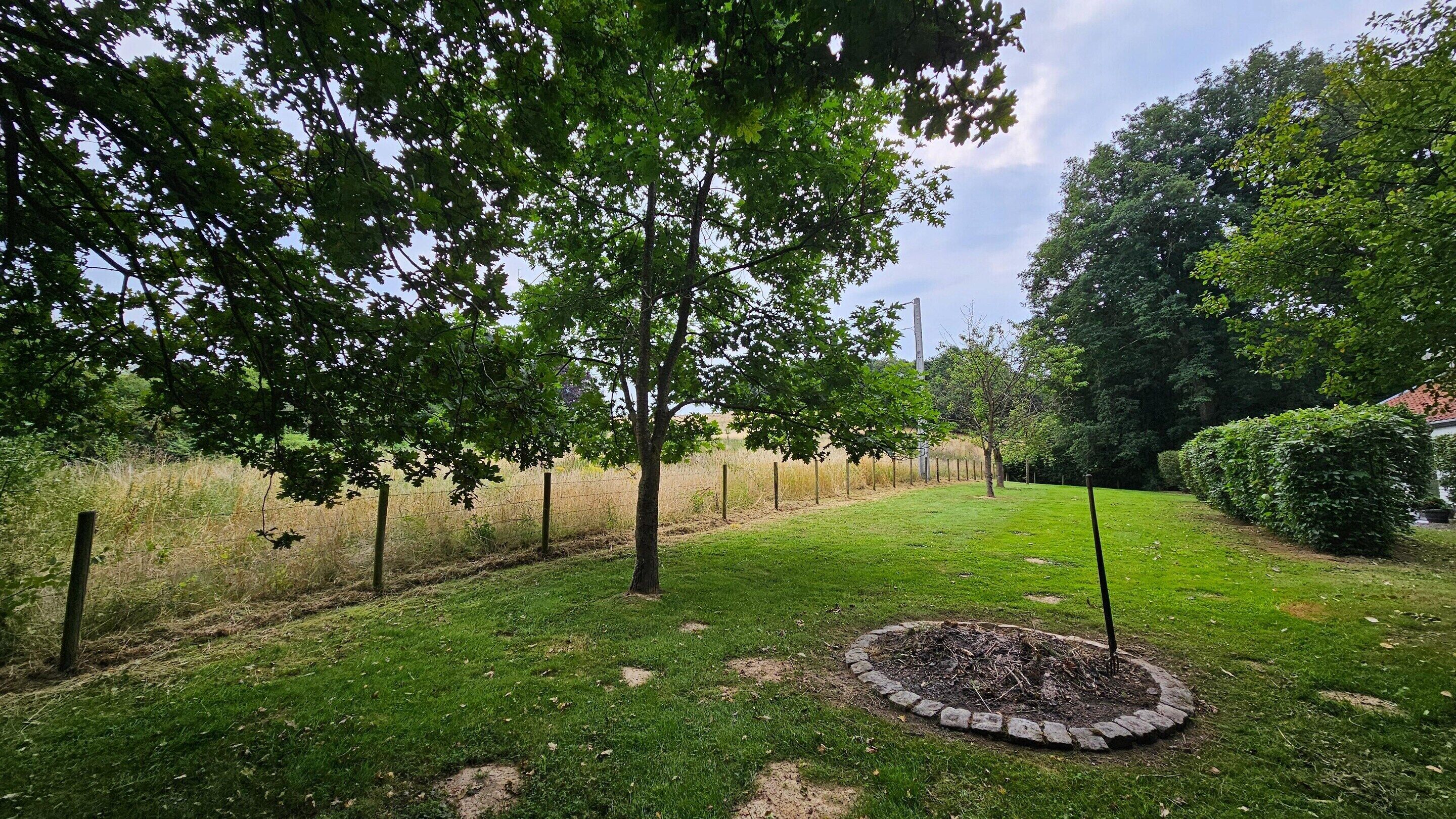 A grassy area with trees, a fenced field, and a circular stone border.