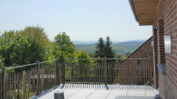 A balcony with a view of a forest and mountains.