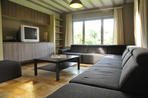 A modern living room with a sofa, a coffee table, a television, and a large window with curtains. - Holiday Home in Marche-en-famenne Near Train (Marche-en-Famenne)