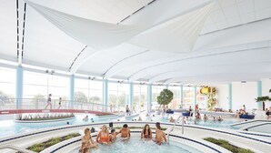 An indoor swimming pool with multiple lanes, a hot tub area, and a children's play area. - Comfortable Villa With Stove, Located in a Lake Area (Froidchapelle)