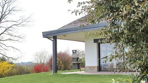 A modern house with a covered patio, a stone fireplace, and a well-maintained lawn. - House in Somme-leuze Near Ardennes Hills (Somme-Leuze)