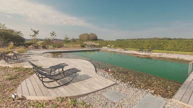 A wooden deck with lounge chairs and a small pond. - Castle Farmhouse in Condroz With Heated Pool (Ohey)