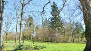 Ein Park mit Rasenfläche, Bäumen und einem Spielplatz.