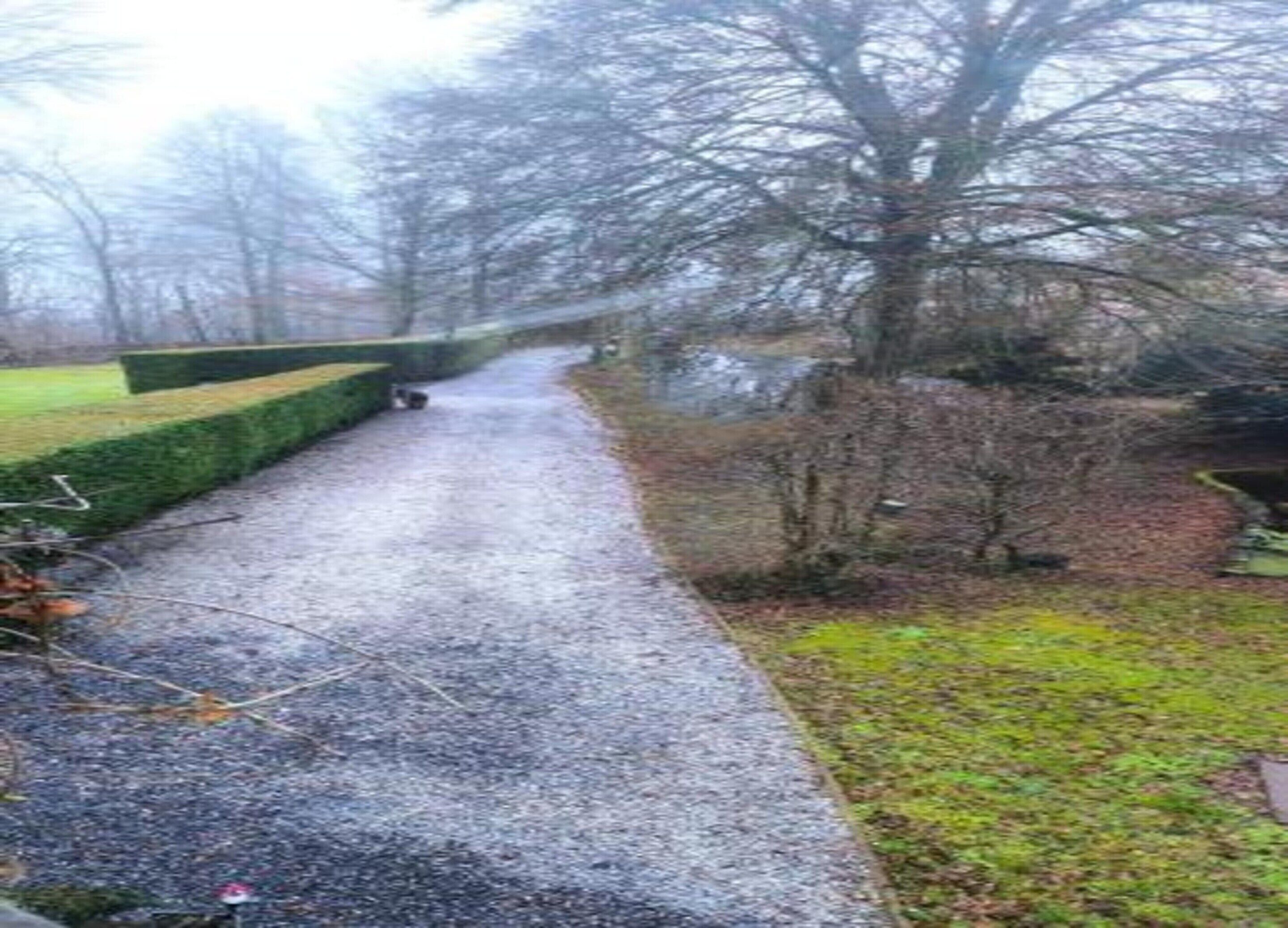 A gravel path flanked by trimmed hedges and trees, leading into a park area.