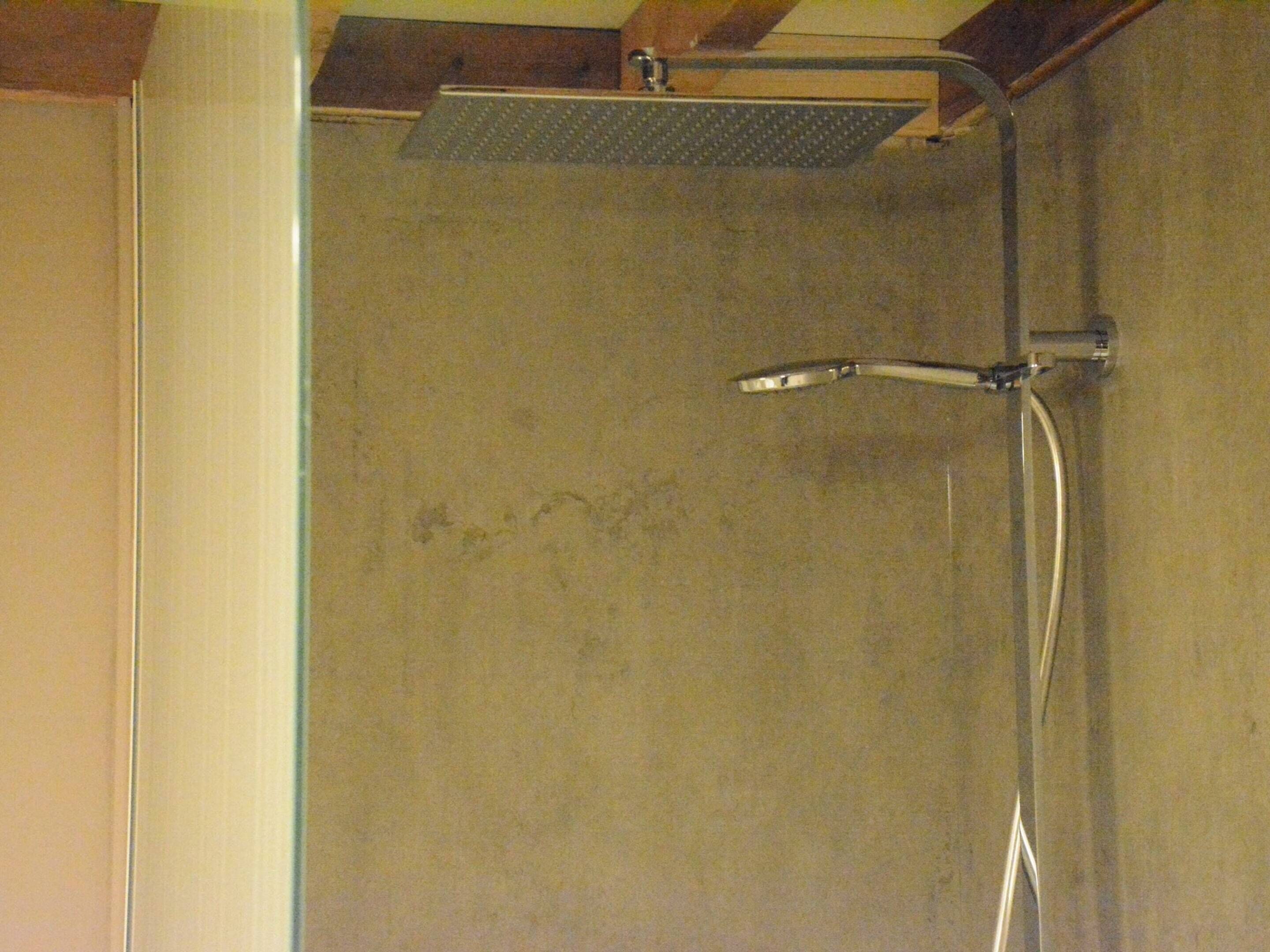 A shower area with a handheld showerhead and a fixed showerhead.