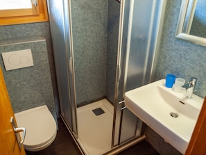 House | Bathroom | Combined shower/bathtub, towels - Detached Chalet at the alm in the Car-free Village of Rosswald. Outstanding View (Termen)