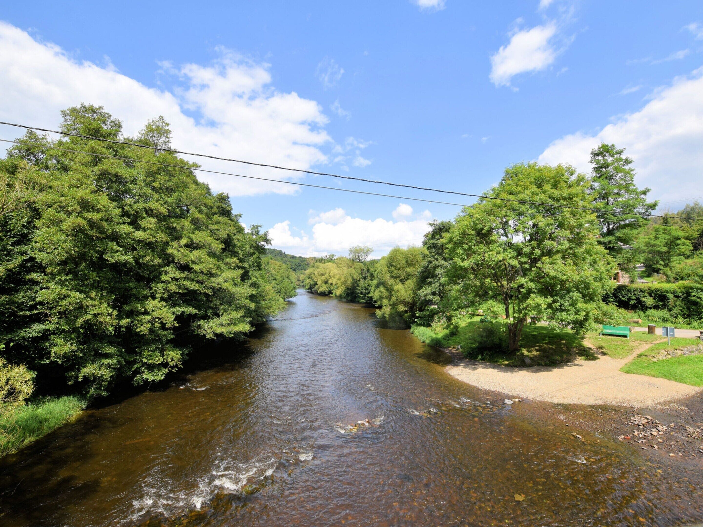 A river flanked by dense green trees under a clear blue sky.