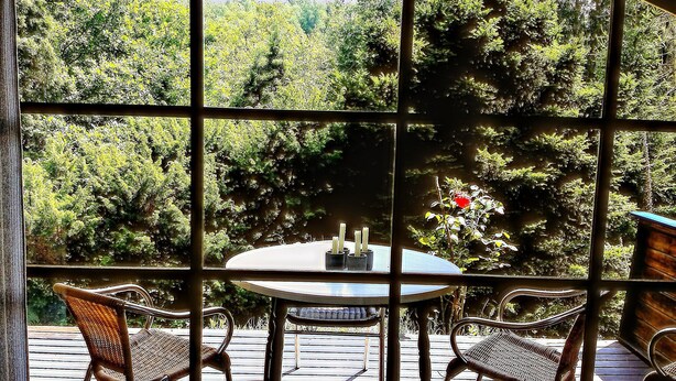 A view through a window with a table and chairs, surrounded by greenery. - Ortho Hideaway With Garden (La Roche-en-Ardenne)