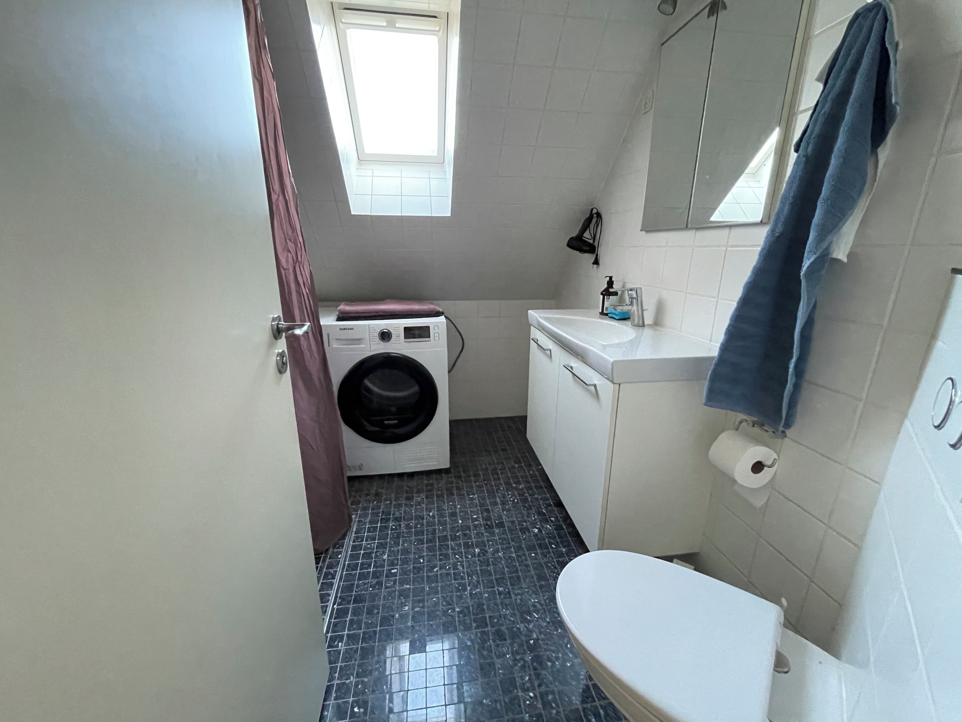 Un bagno compatto con lavatrice, toilette e lavandino.