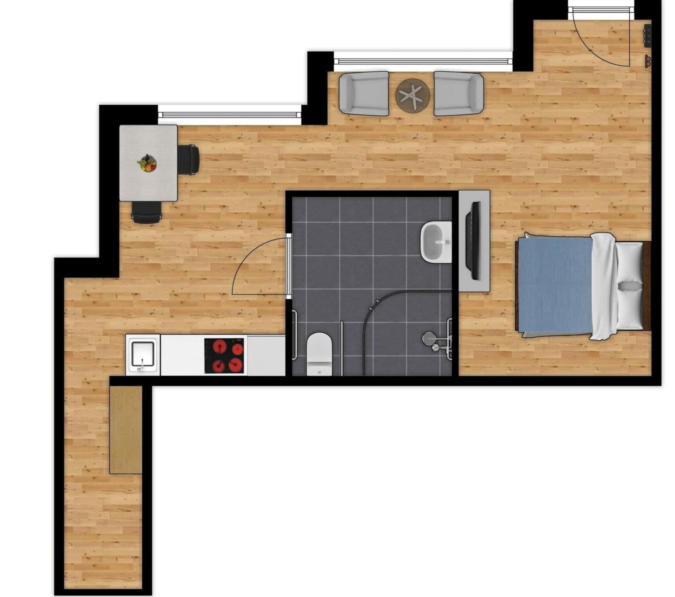 A 1-bedroom apartment layout with a kitchenette, a dining area, a living room with a sofa and two chairs, and a small balcony.
