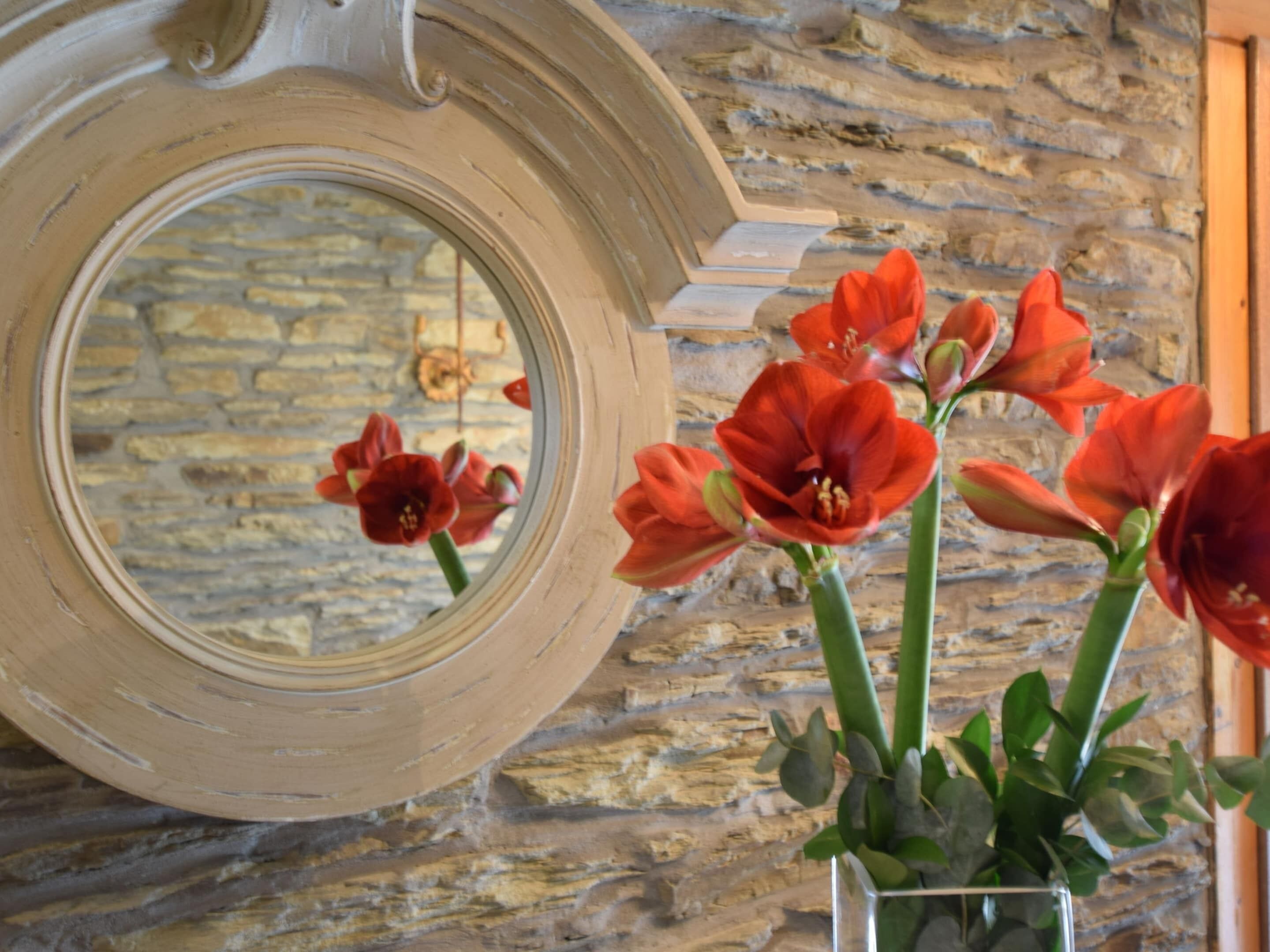 Un miroir avec un mur de pierres en arrière-plan, un vase avec des fleurs rouges et une porte en bois.