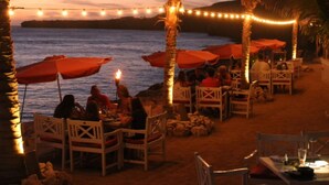 Un espace de restauration en plein air avec des tables et des chaises, des palmiers et des guirlandes lumineuses.