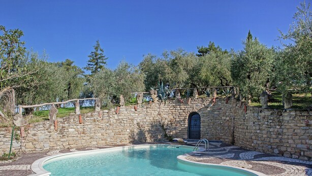 Ein Pool mit Steinmauer und Tür, umgeben von Bäumen und Grünpflanzen.