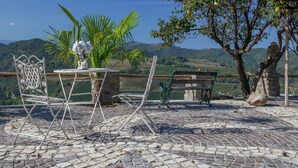 Eine Terrasse mit Tisch, Stühlen und einer Bank, sowie ein Baum mit Früchten.