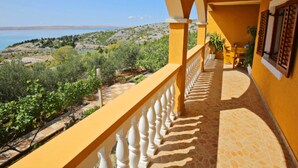 A balcony with a view of a coastal landscape, featuring a clear sky and distant hills.