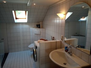 Dusche, Haartrockner, Handtücher, Toilettenpapier