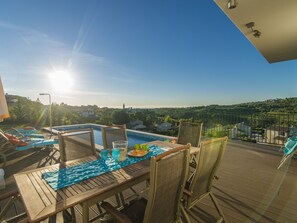 Villa | Balcony - Comfortable Villa With Stunning Views, Swimming Pool, Jacuzzi, Sauna in Wine Region (Buje)