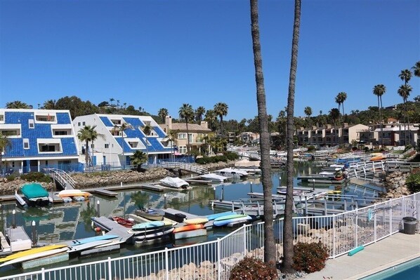 Boats docked in a marina surrounded by residential buildings and palm trees.