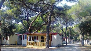 Un hilera de casas móviles con porche y una valla baja, rodeadas de árboles.