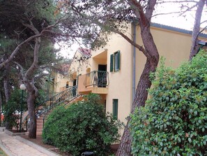 Stroll up to the entrance, where a stone pathway leads to the front door, flanked by lush greenery and trees.