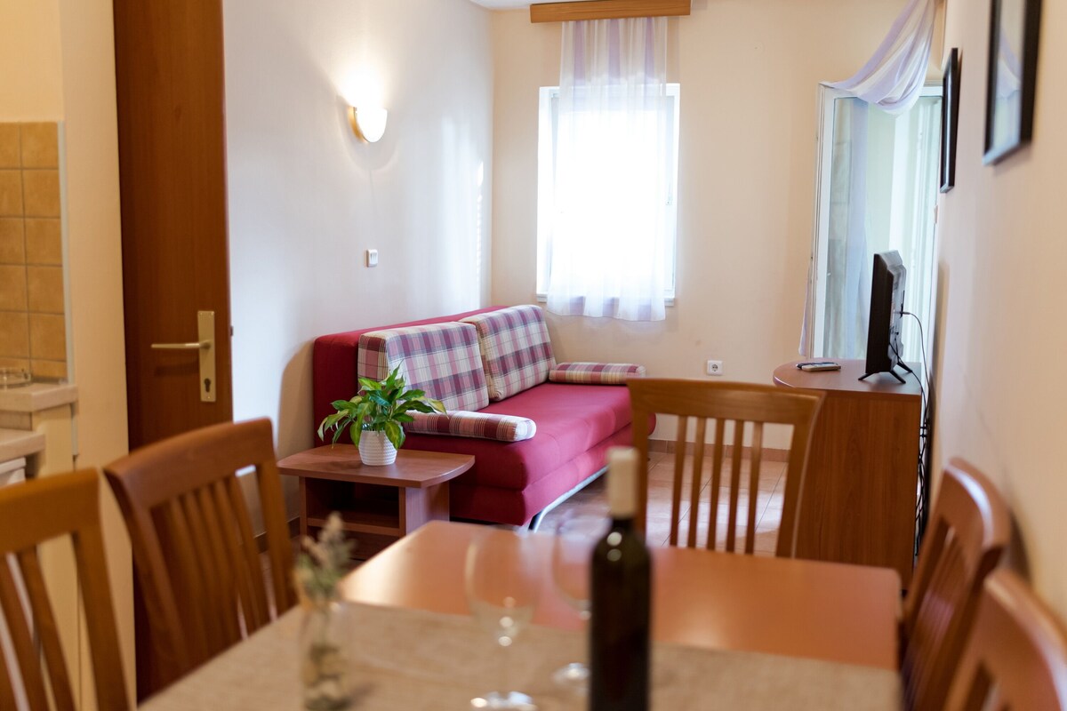 A cozy room with a red sofa, a small table with a plant, and a dining area with chairs and a table.