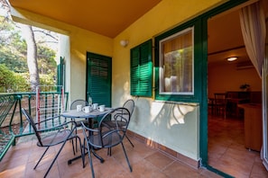 A patio with a table and chairs, a window with green shutters, and a view of the outdoors.
